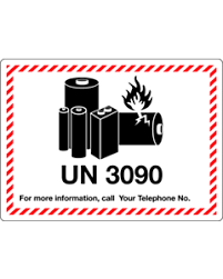 UN 3090 is the lithium battery mark (120 x 110 mm).